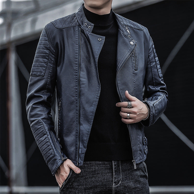 Herren Slim-Fit Kunstleder-Bikerjacke mit gesteppten Ärmelpaneelen, asymmetrischem Reißverschluss und Stehkragen Drune