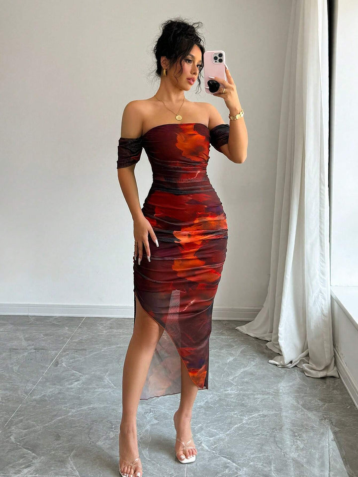 Damen Figurbetontes schulterfreies Maxikleid mit Raffung, Beinschlitz und Aquarell-Print Drune