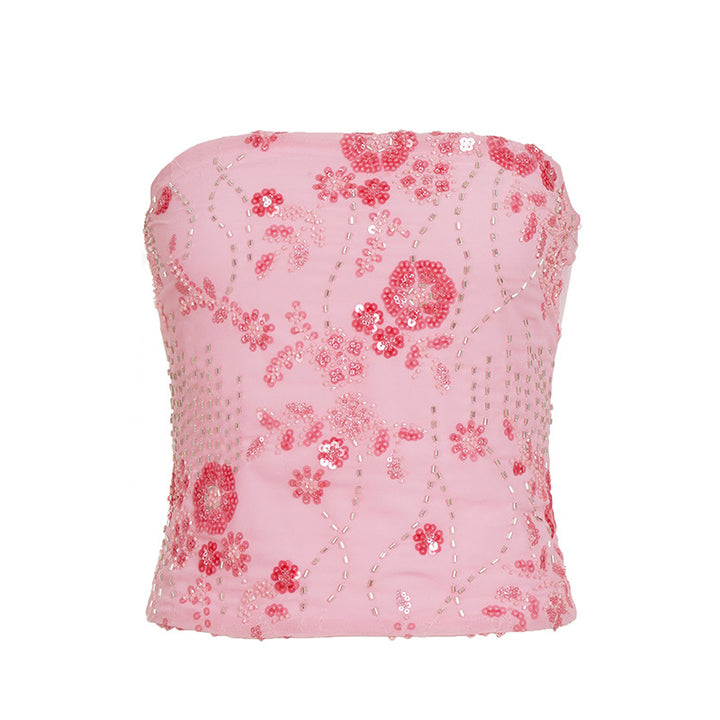 Damen eleganter Crop-Top mit Blumenstickerei und Pailletten Drune