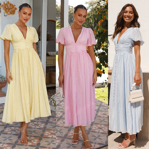 Damen Maxi-Kleid mit romantischem V-Ausschnitt und festlichem Rüschendesign Drune