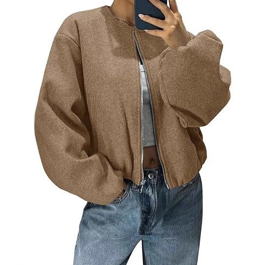 Damen Kurzjacke mit durchgehendem Reißverschluss, Ballonärmeln und elastischem Saum Drune