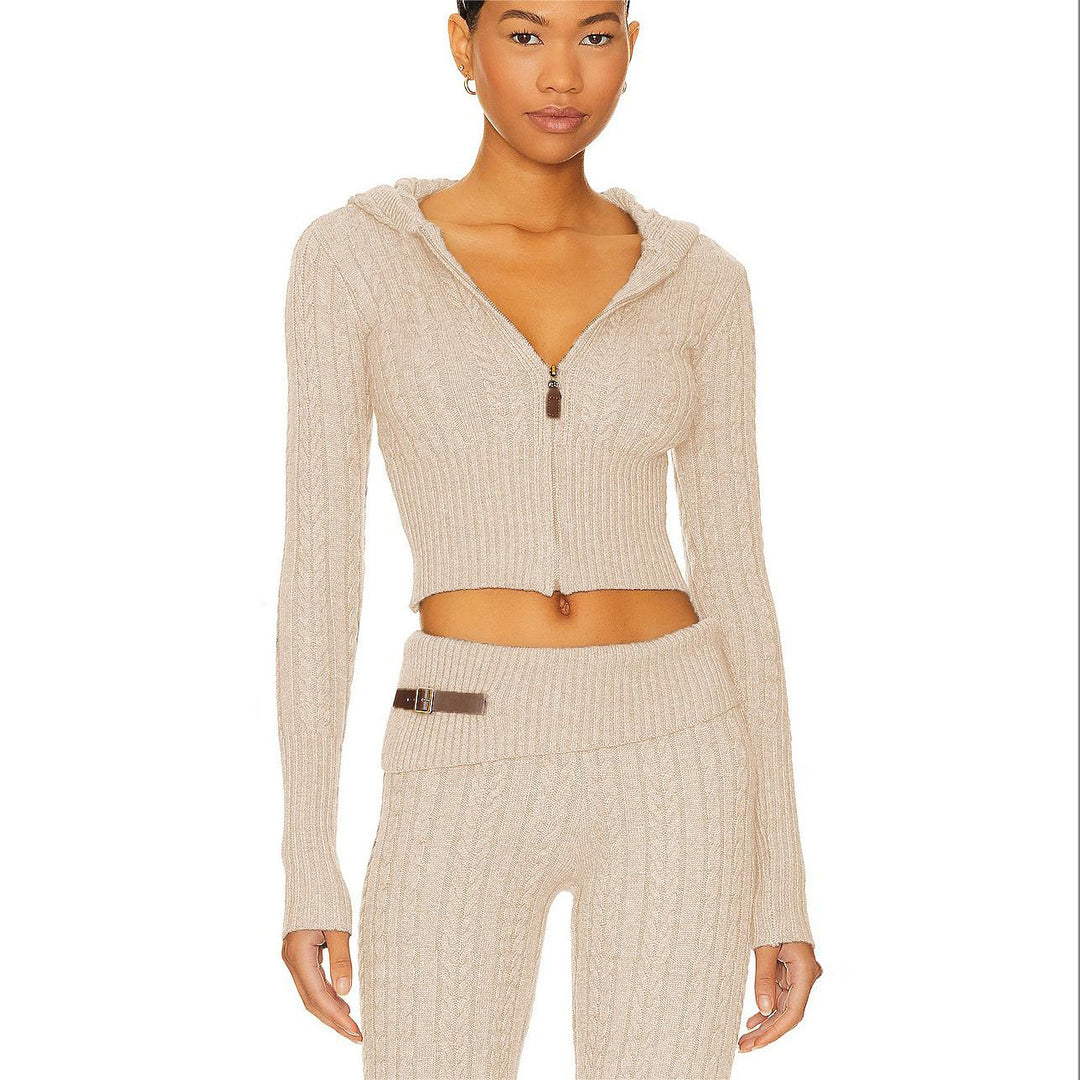 Damen Cropped Strickjacke mit Kapuze und hohem Kragen Drune