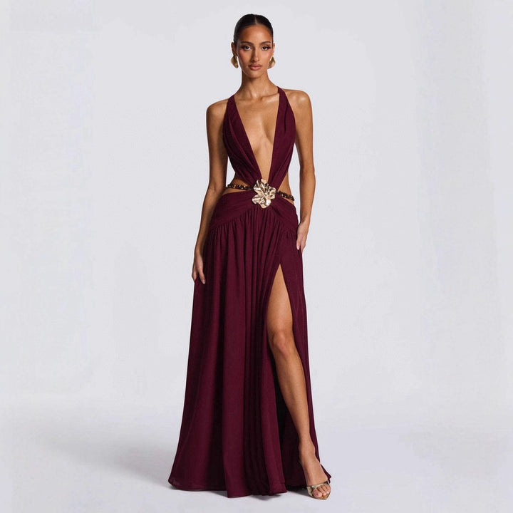 Damen Maxikleid mit tiefem V-Ausschnitt und elegantem Wickeldesign Drune