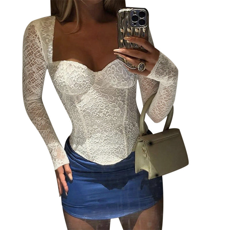 Damen elegante Spitzenbluse mit langem Arm und tailliertem Schnitt Drune