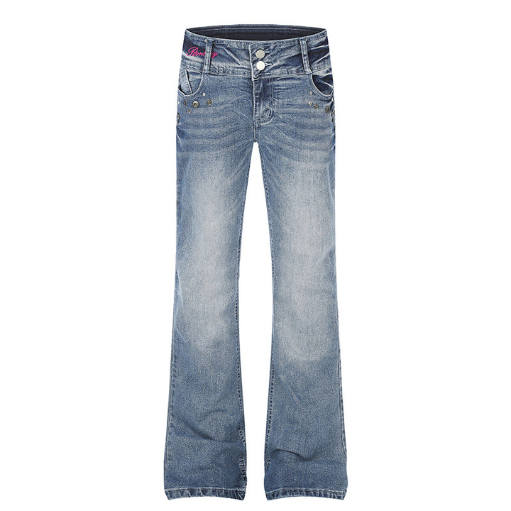 Damen High‑Waist Flared-Jeans mit weitem Bein, Doppelknopf und Nieten-Detail Drune