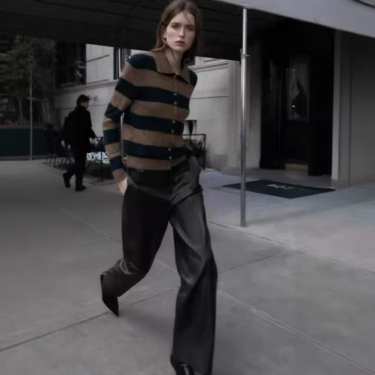 Damen Gestreifte Strickjacke mit Polokragen, Knopfleiste und kurzem Boxy‑Schnitt Drune