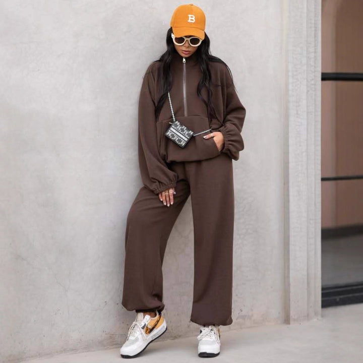 Damen lässiger Sweat-Anzug mit hohem Kragen und elastischen Ärmeln Drune