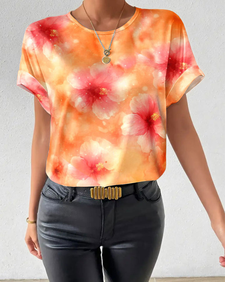 Damen nan lockeres Kurzblusen-Shirt in Seidenoptik mit Aquarellblütenprint und Umschlagärmeln Drune