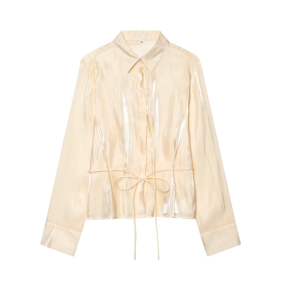Damen schimmernde Bluse mit verstellbarem Taillenzug und elegantem Kragen Drune