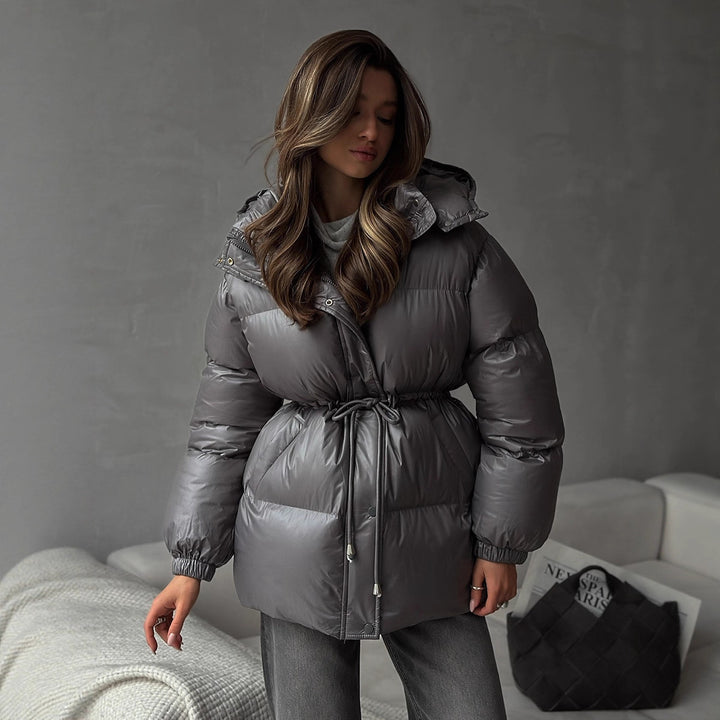 Damen Langer wattierter Parka mit Kapuze, Taillenzug und Oversize-Silhouette Drune