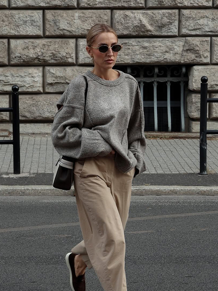 Damen Oversize Strukturstrick-Pullover mit überlangen Ballonärmeln und Rundhalsausschnitt Drune