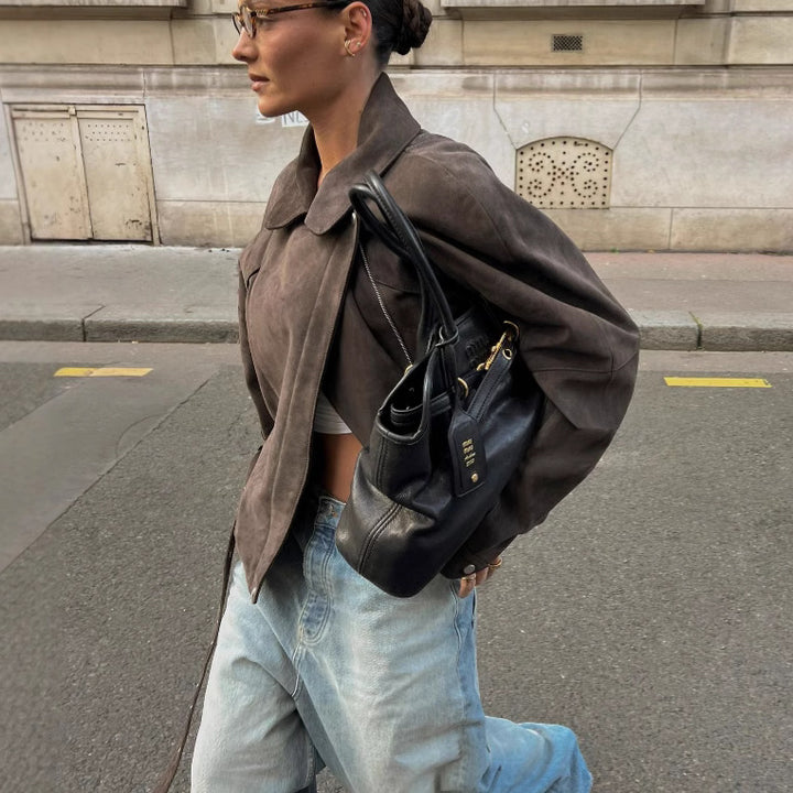 Damen Modische Suede Jacke mit Taillengürtel Drune
