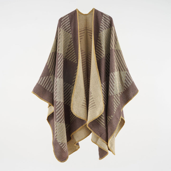 Damen Umhangponcho aus Wollmix mit geometrischem Streifen-Jacquard und offener Kantennaht Drune