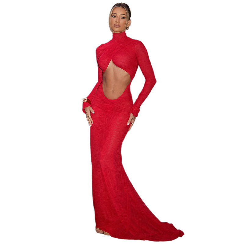 Damen figurbetontes Maxikleid mit asymmetrischem Cut-Out und hochgeschlossenem Kragen Drune