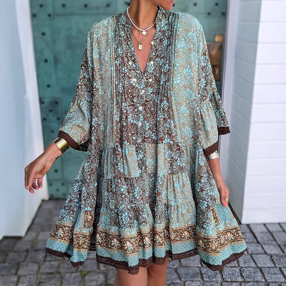 Damen nan luftiges Boho-Stufenkleid mit V-Ausschnitt weiten Fledermausärmeln und Spitzenbordüre Drune