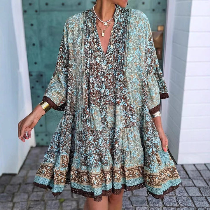 Damen nan luftiges Boho-Stufenkleid mit V-Ausschnitt weiten Fledermausärmeln und Spitzenbordüre Drune