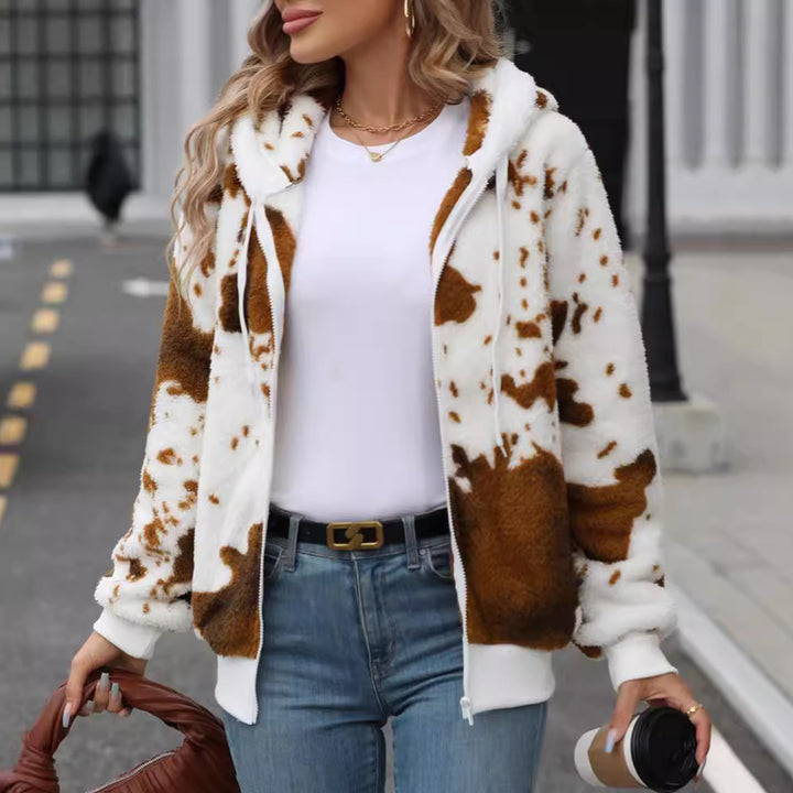 Damen Plüschjacke mit tierischem Muster und praktischen Taschen Drune