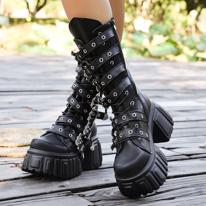 Damen Plateau-Bikerboots mit dekorativen Riemen, Ösen und Ketten Drune