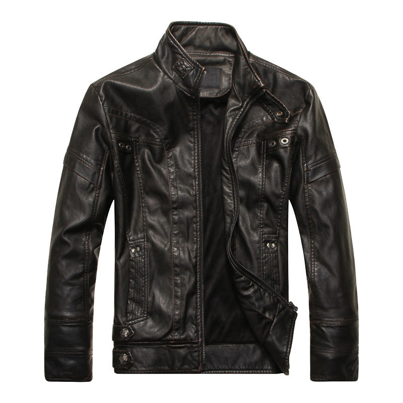 Herren Lederjacke im Bikerstil mit Stehkragen und Ziernähten Drune