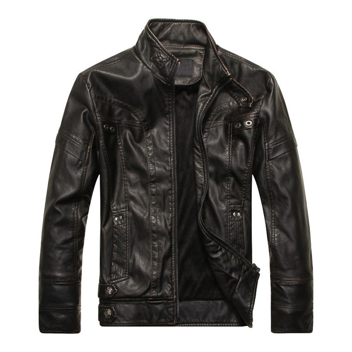 Herren Lederjacke im Bikerstil mit Stehkragen und Ziernähten Drune