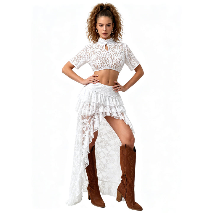 Damen nan Spitzen-Cropped-Bluse mit Stehkragen und keyhole-Detail Drune