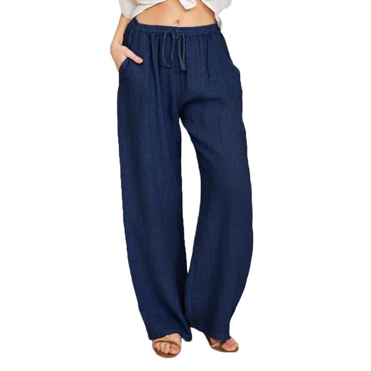 Damen Weite Leinenoptik-Hose mit Gummibund, Tunnelzug und Eingrifftaschen Drune