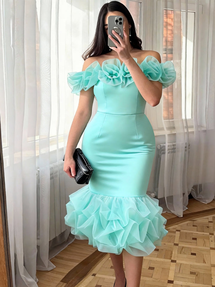 Damen Off-Shoulder Kleid mit voluminösen Rüschen Drune