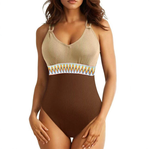 Damen Einteiler Badeanzug mit stylischem Rückenausschnitt und verziertem Bündchen Drune