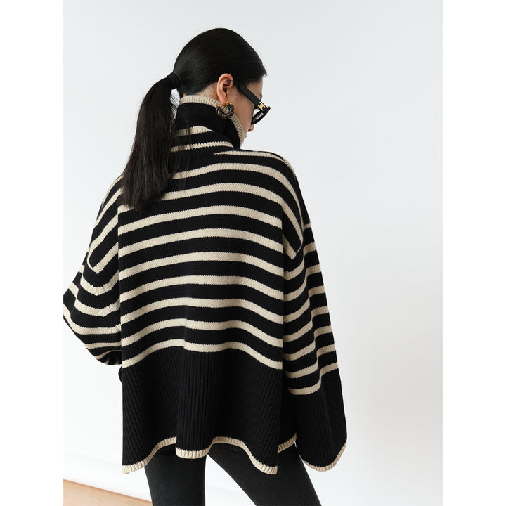 Damen Lässiger Strickpullover mit Blockstreifen und hohem Kragen Drune