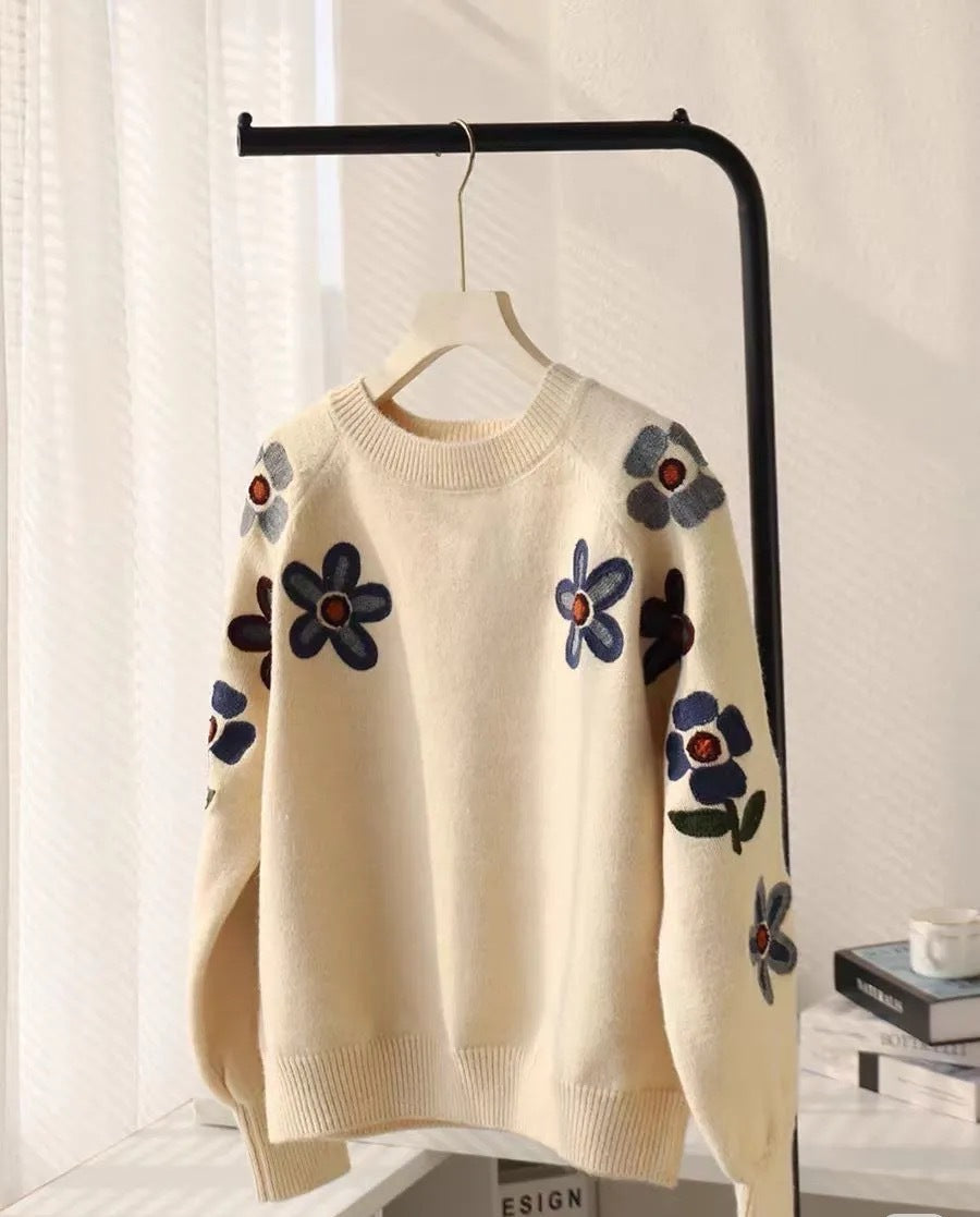 Damen Eleganter Strickpullover mit floralem Stickdesign und lässigem Schnitt Drune