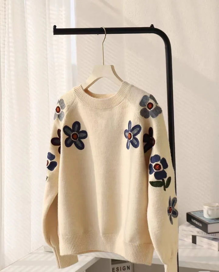 Damen Eleganter Strickpullover mit floralem Stickdesign und lässigem Schnitt Drune