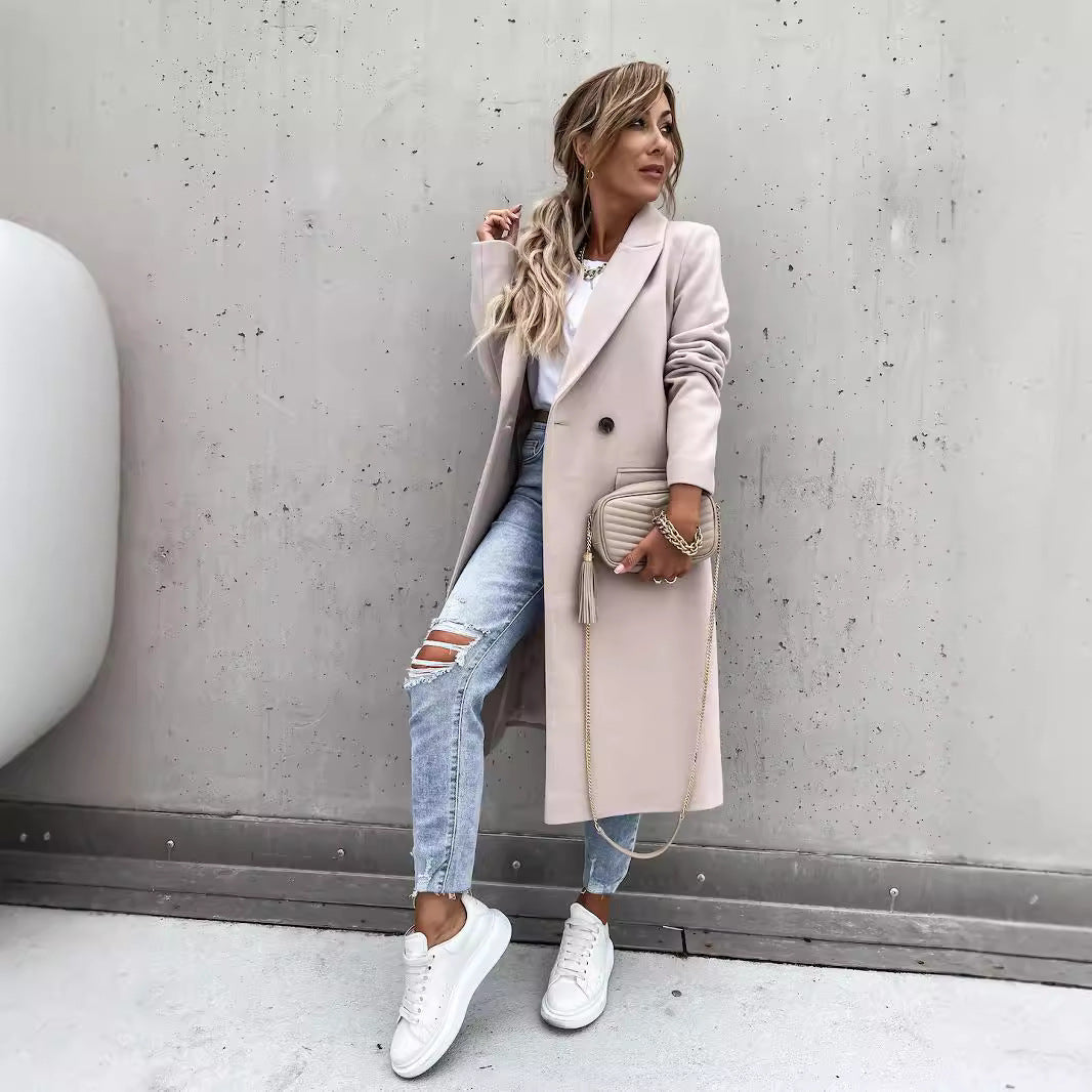 Damen eleganter Langblazer mit Taschen und schmalem Schnitt Drune