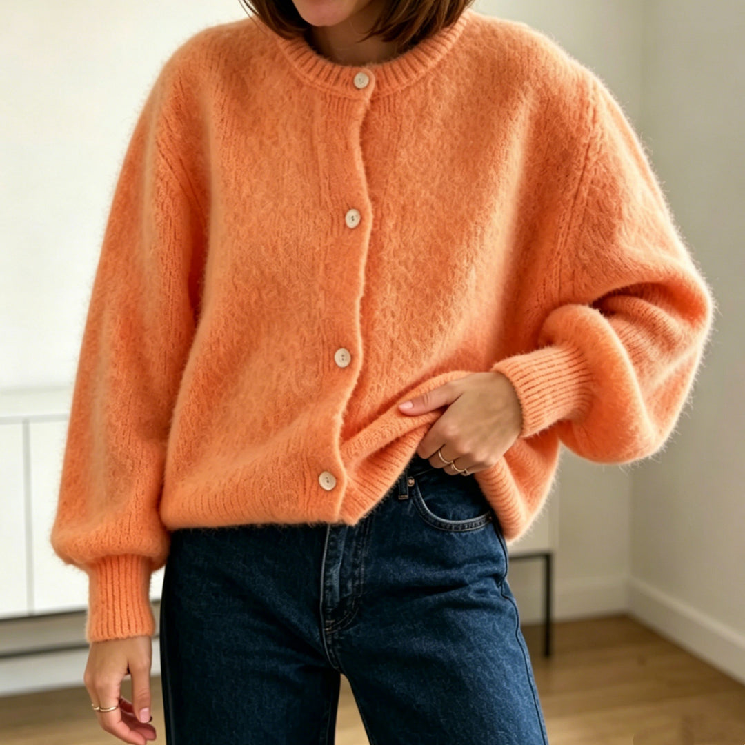 Damen Kuschelige Mohair-Optik Strickjacke mit Rundhals und Ballonärmeln Drune