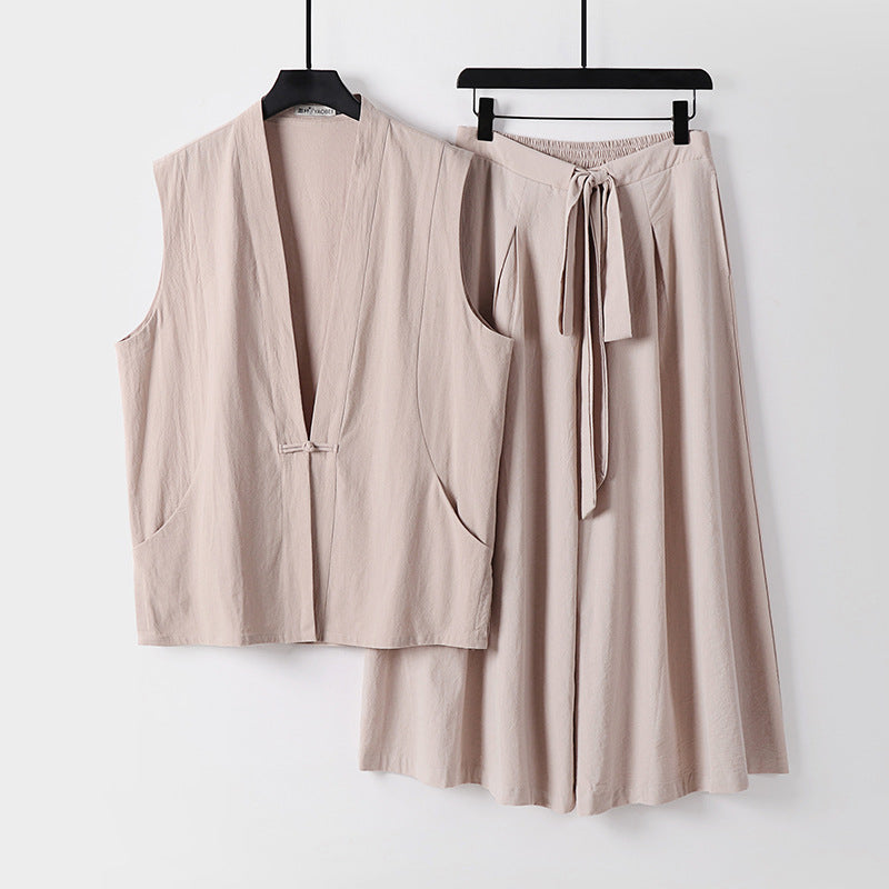 Damen Ärmelloses Kimono-Loungewear-Set aus leichtem Viskose-Leinen mit Bindeweste und weiten Palazzo-Hose Drune