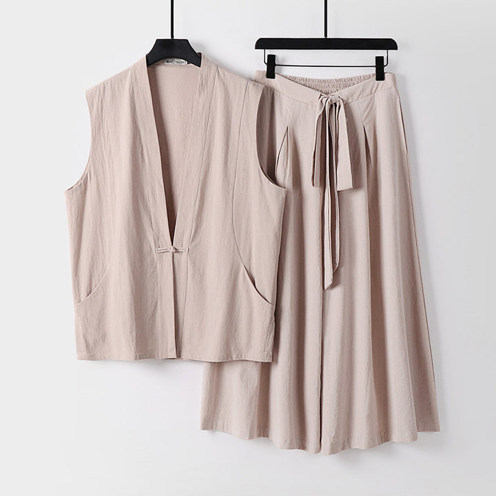 Damen Ärmelloses Kimono-Loungewear-Set aus leichtem Viskose-Leinen mit Bindeweste und weiten Palazzo-Hose Drune
