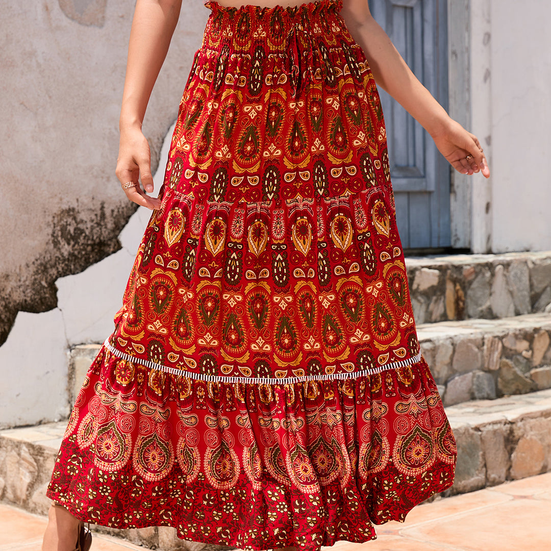 Damen nan Maxirock im Boho‑Stil mit Stufen, gerafftem Elastikbund und Paisley‑Print Drune