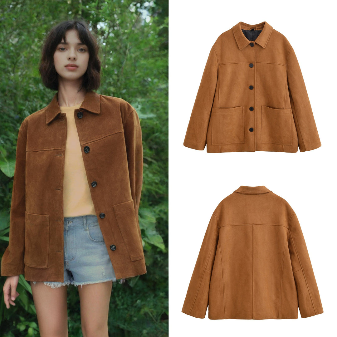 Damen Boxy-Utility-Jacke aus Wildlederoptik mit Hemdkragen und großen aufgesetzten Taschen Drune