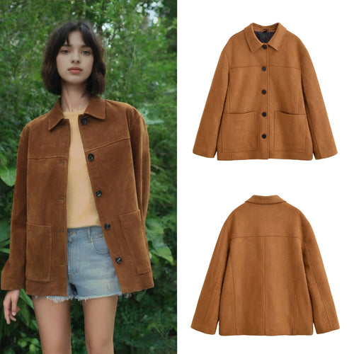 Damen Boxy-Utility-Jacke aus Wildlederoptik mit Hemdkragen und großen aufgesetzten Taschen Drune