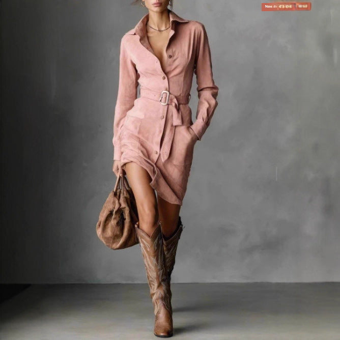 Damen Hemdblusenkleid mit tailliertem Gürtel und seitlichen Taschen Drune