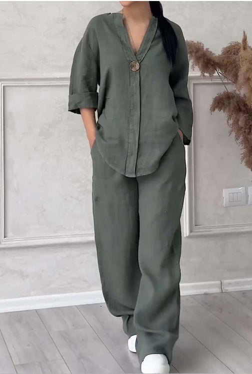 Damen nan lässiges Leinen-Relax-Set mit weiter Hose und Hemdbluse Drune