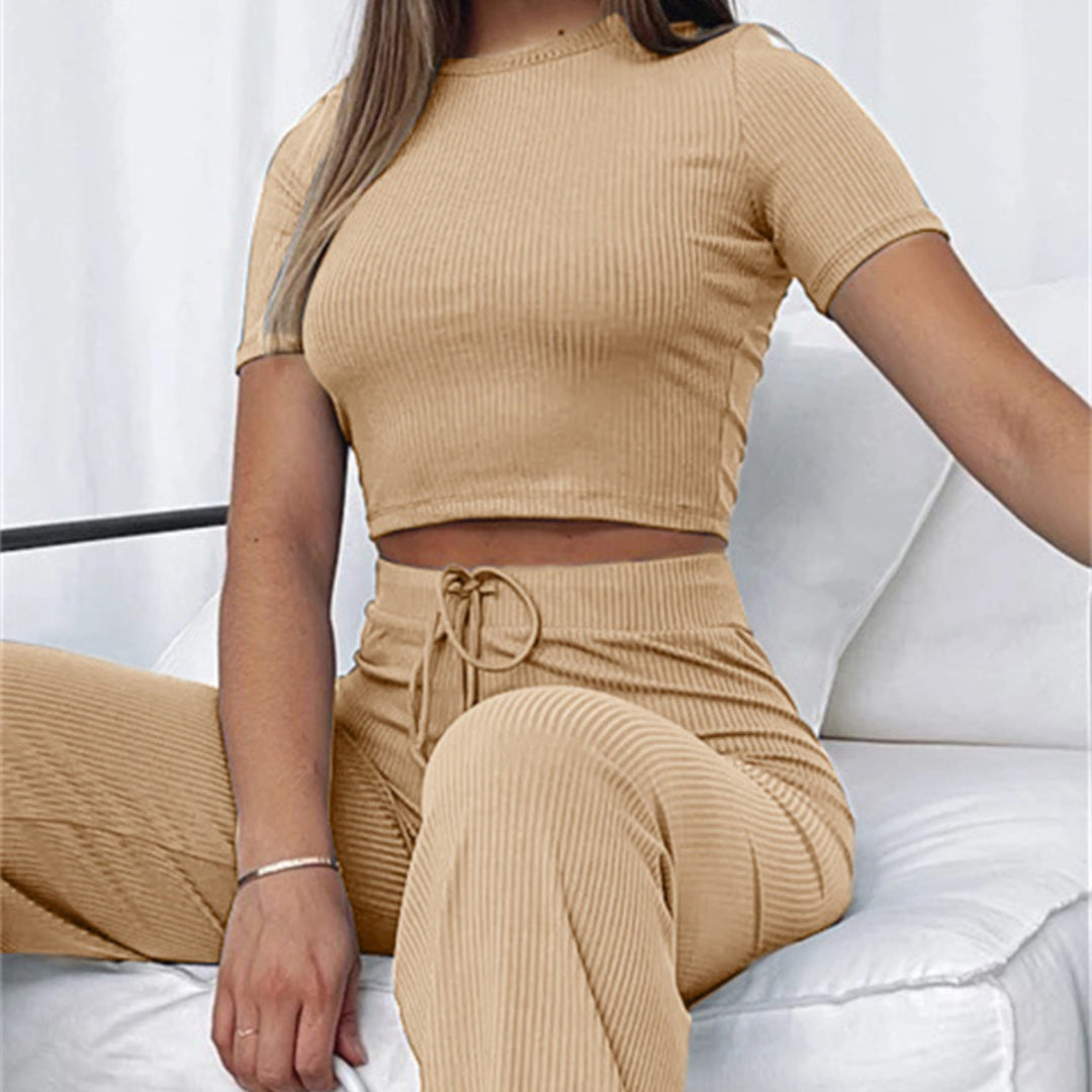 Damen Geripptes Crop-Set aus Stretch‑Jersey mit taillenhoher Kordel-Hose Drune