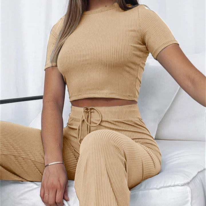 Damen Geripptes Crop-Set aus Stretch‑Jersey mit taillenhoher Kordel-Hose Drune