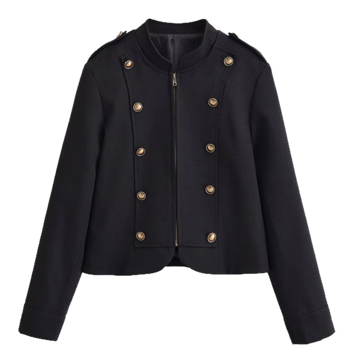 Damen Kurzblazer im Military-Look mit Stehkragen, Zierknopfreihe und Reißverschluss Drune