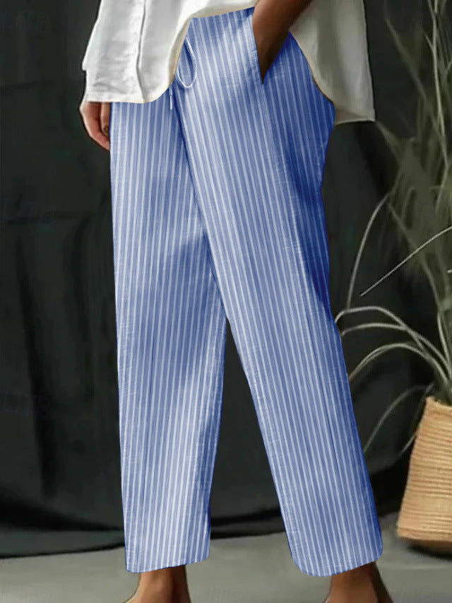 Damen gestreifte Leinen-Optik-Hose mit hohem Bund, Kordelzug und geradem, cropped Schnitt Drune