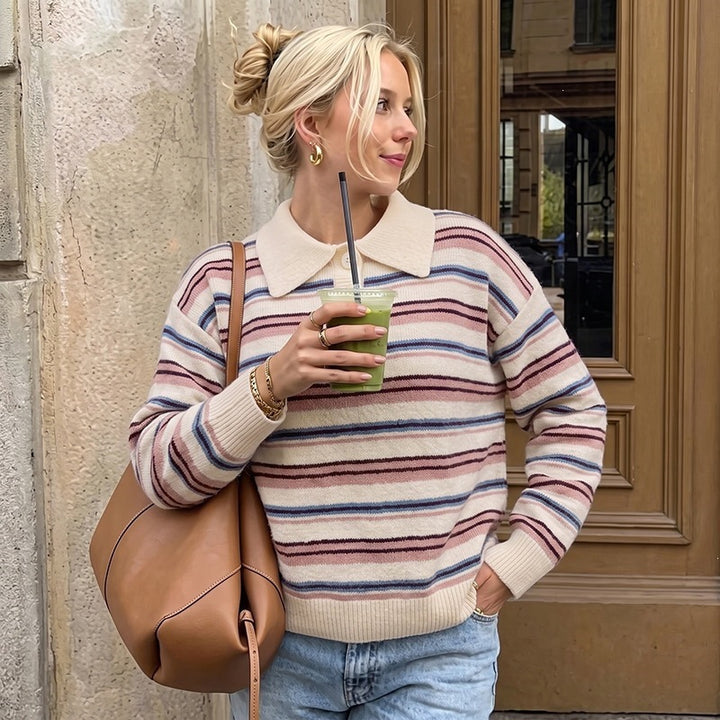 Damen Lässiger Strickpullover mit Polo-Kragen und Streifen Drune