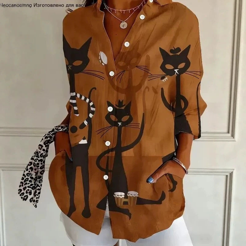 Damen Modische Hemdbluse mit einzigartigem Katzenmotiv Drune