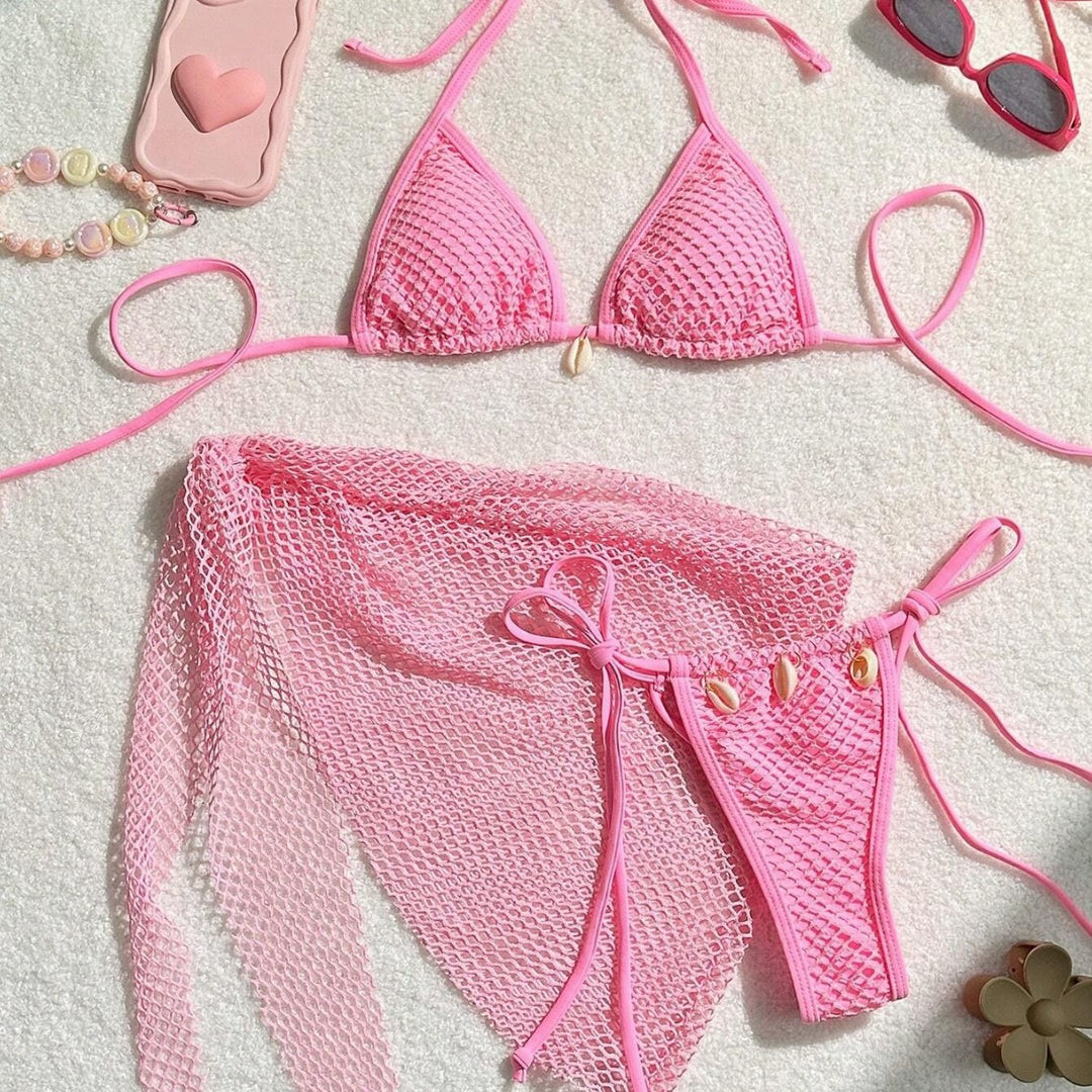 Damen Triangel-Bikini mit transparentem Netzgewebe und Schnürdetails Drune