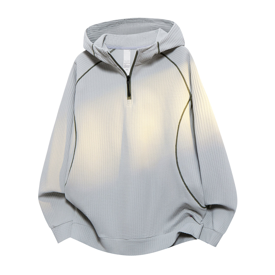 Unisex Oversize Waffelstruktur-Halbzip-Hoodie mit Raglanärmeln und Kontrastpaspeln Drune