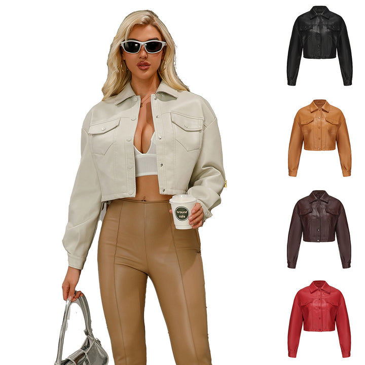 Damen nan kurze Lederjacke im Trucker-Stil mit kastiger Cropped-Passform Drune