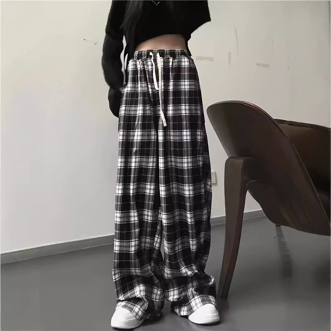 Damen weite Karohose mit elastischem Bund und Bindegürtel Drune